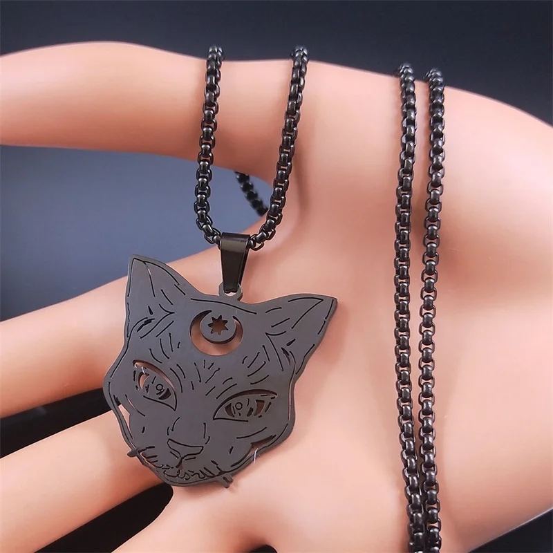 Goth Wicca Cat Moon Star Hollow Pendant Necklace Women Black Color Heptagram Witchcraft Stainless Steel Necklaces Jewelry N8574