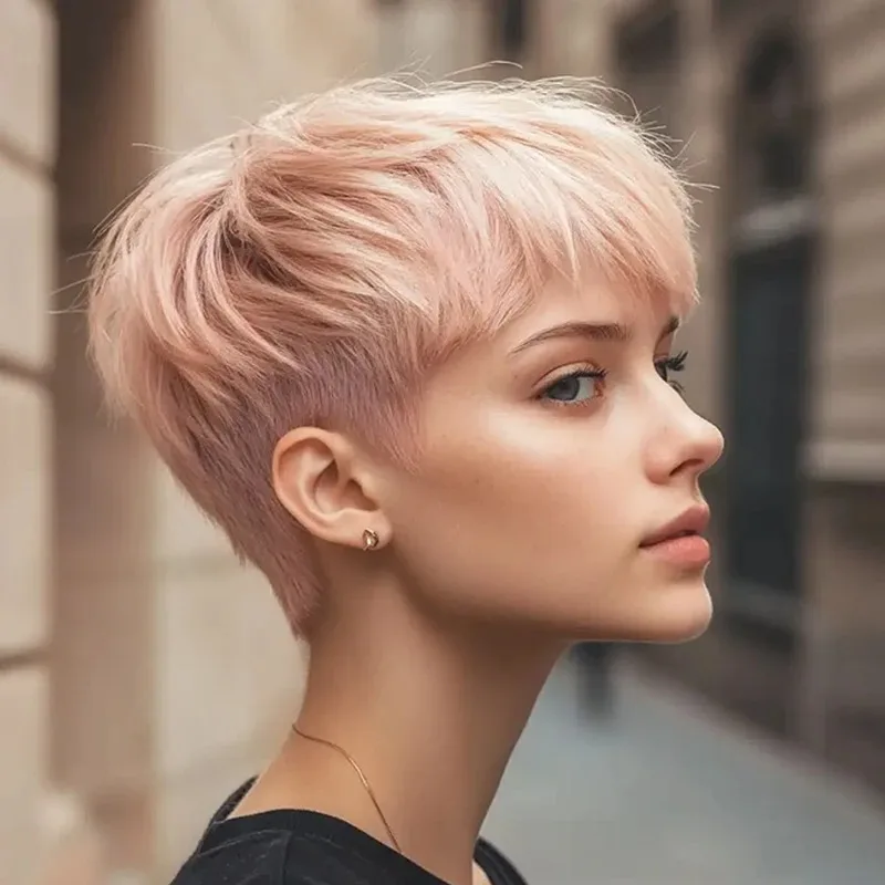 ピクシーカットウィッグ人毛ショートピンクエルフヘアカットウィッグ前髪付きレイヤードウィッグウェーブウィッグ女性用フルマシンメイドウィッグ