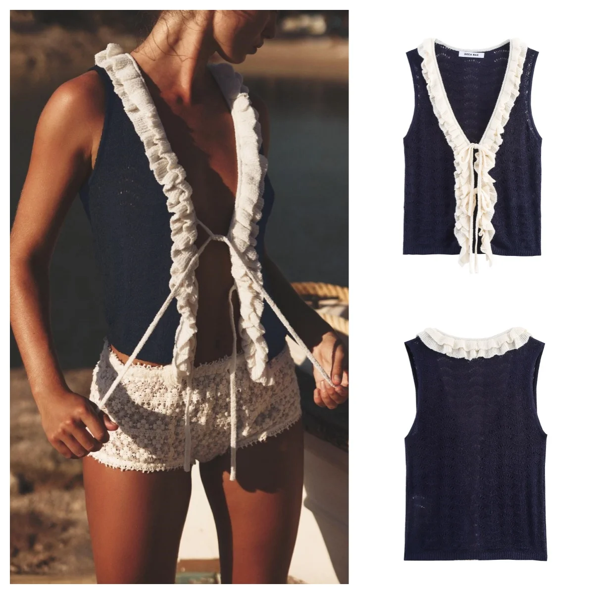 

Новый вязаный жилет без рукавов в европейском и американском стиле 2025 года со шнуровкой и v-образным вырезом контрастного цвета