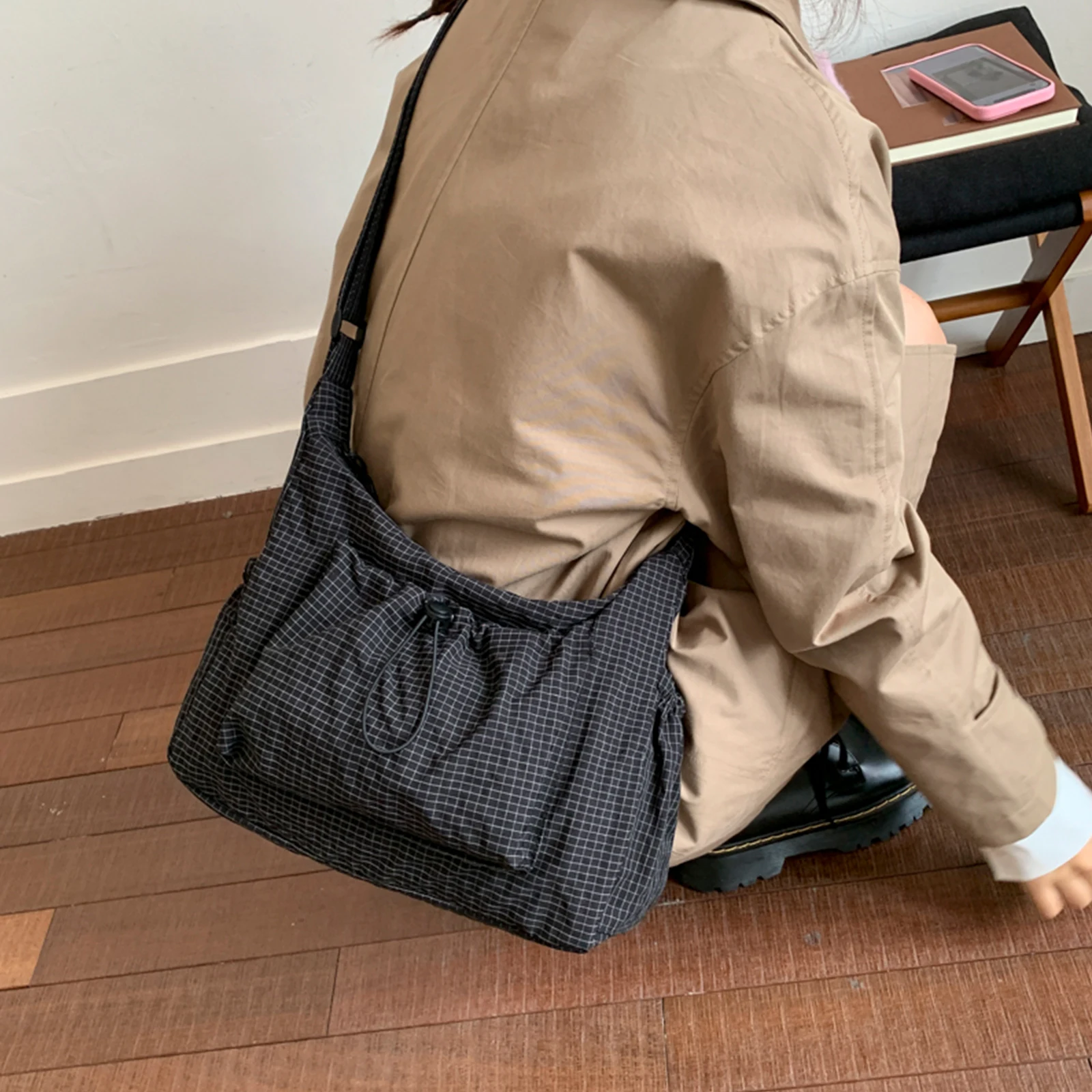 

Drawstring Cloud Crossbody Bag Women Nylon Stylish Plaid Sling Tote Bag Large Capacity Trendy Satchel Bag Shopping Date Handbag