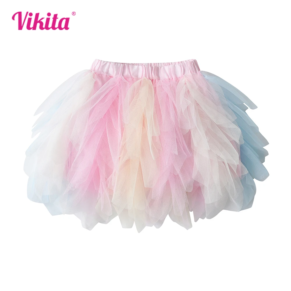 VIKITA Girls Layered Tulle Mesh Princess Mini Skirts Kids Colorful Rainbow Birthday Party Performance Casual Irregular Skirt