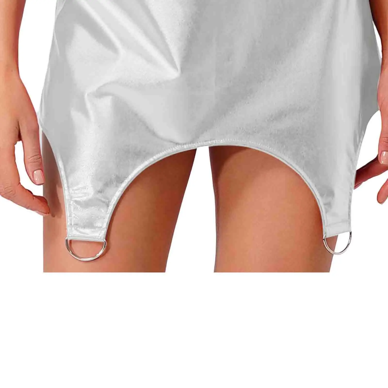 

Women's Metallic Shiny Bodycon Skirt High Waist Garter D-rings Curved Hem Miniskirt for Jazz Disco Club Raves Music Party Wear