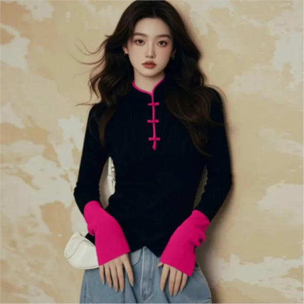 BOWEYLUN Chinese Style Disc Buckle Stand-up Collar Long-sleeved Knit Sweater Women Spring Autumn Color Blocking Fashion Blouse