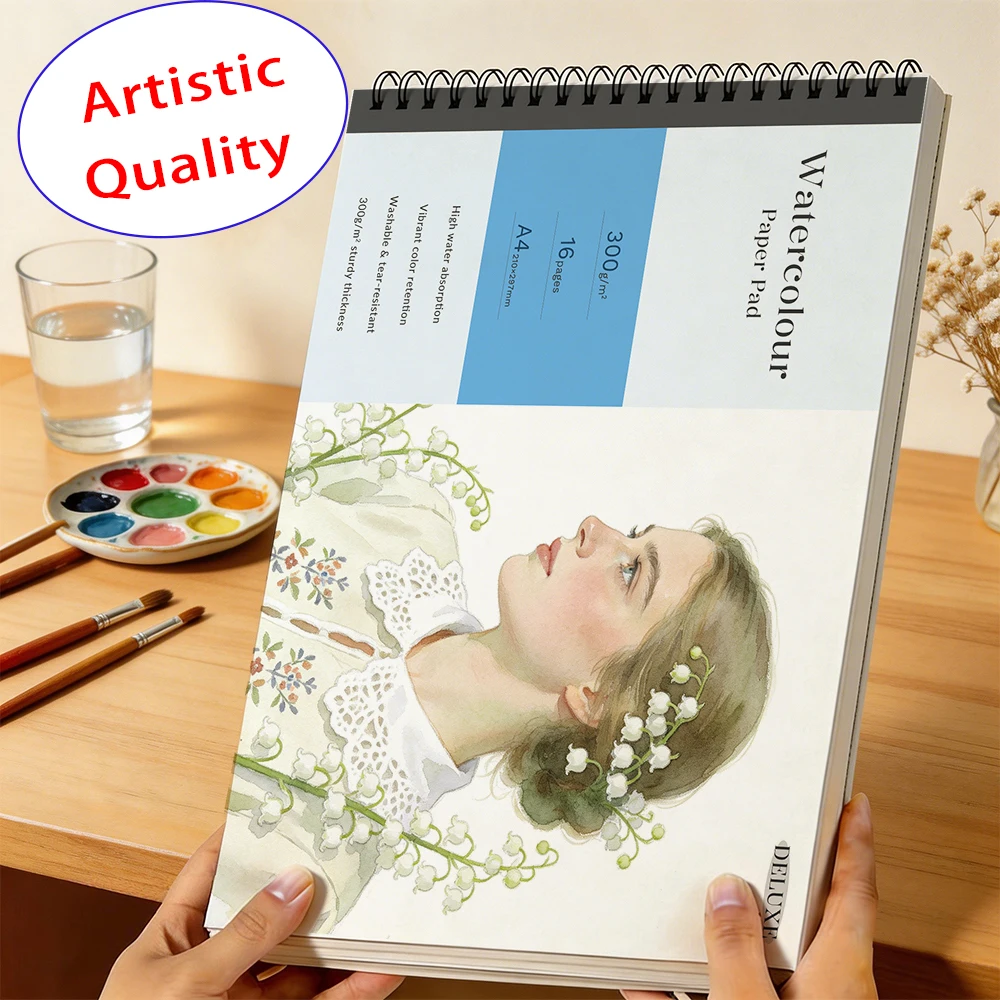 Bloc de croquis aquarelle 300 g/m², 16 feuilles, papier aquarelle épais à pH neutre, anti-déchirure, lavable, hautement absorbant, pour artiste Gouach