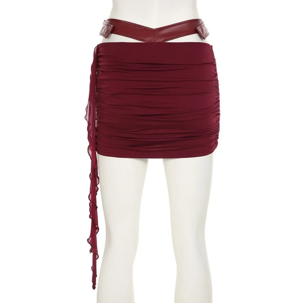 Zestaw: Krótka spódniczka z odkrytymi ramionami, skórzana, dopasowana, z paskiem, w stylu bondage, słodki koreański styl, top typu tuba, streetwear