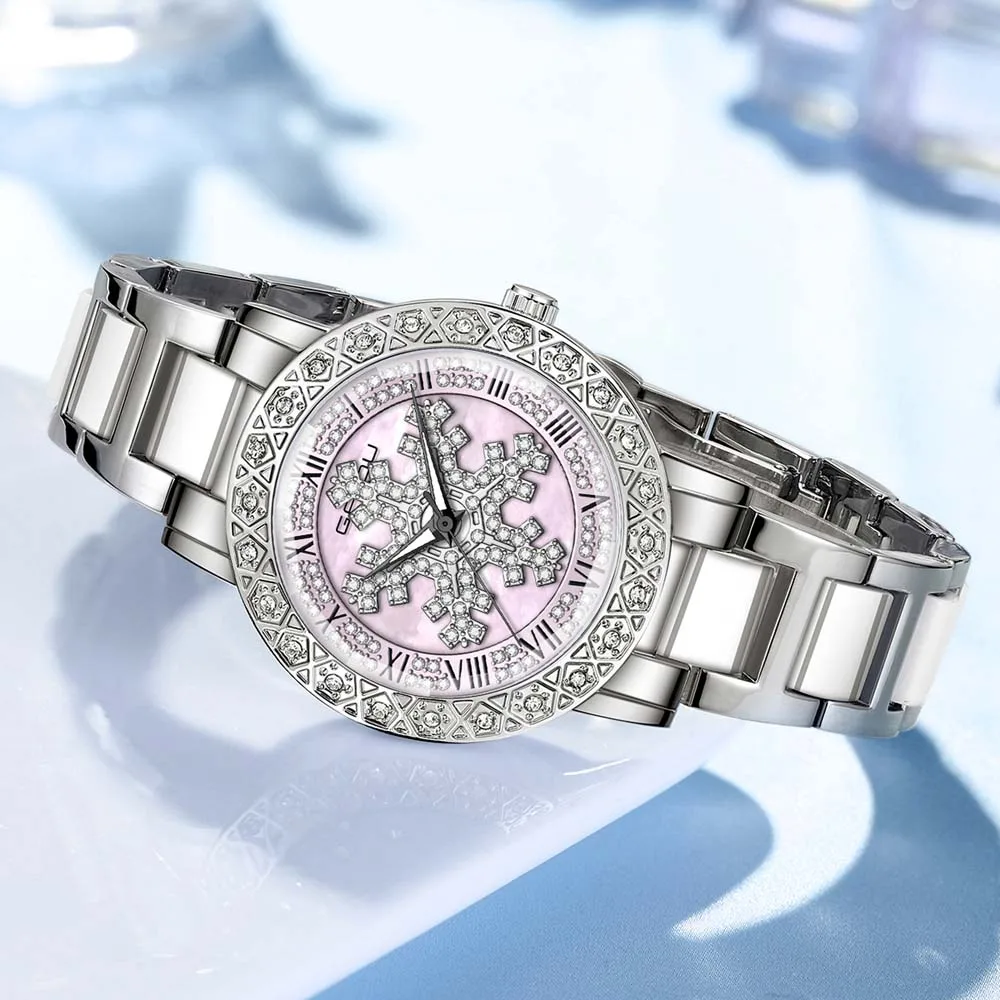

Модные роскошные женские часы с бриллиантами, высококачественный керамический ремешок, дизайн снежинки для девочек, деловые часы, подарок, водонепроницаемые, Reloj Mujer