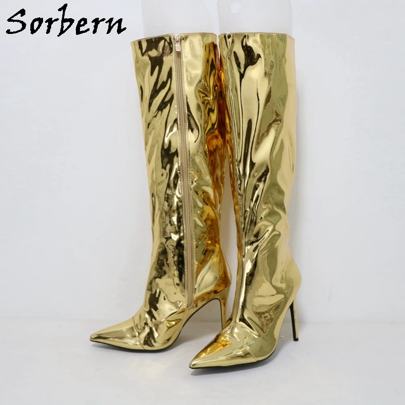 Sorbern Customized Metallic Golden Boots Women Knee High Wide Ankle Pointed Toe High Heel Stilettos Punk Style Shoes Zip Up