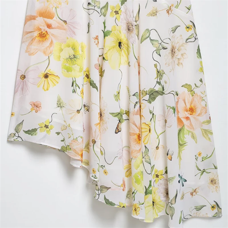 KEYANKETIAN ผู้หญิงดอกไม้พิมพ์ Halter Backless ชุดชีฟองไม่สมมาตรฉัตร Slim วันหยุดลมแกว่งคอ MIDI ชุด