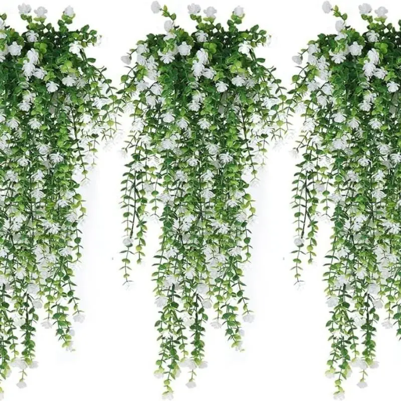 Artificial Plant Hanging Flowers with Eucalyptus Leaves: 2Pcs Wall Home Garden Greenery Vine for Wedding Decor - view 4