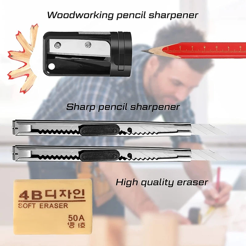 Juego de lápices de construcción, sacapuntas de utilidad, borrador de cuchillo, lápiz de marcado de carpintero para carpintería, herramienta de marcado