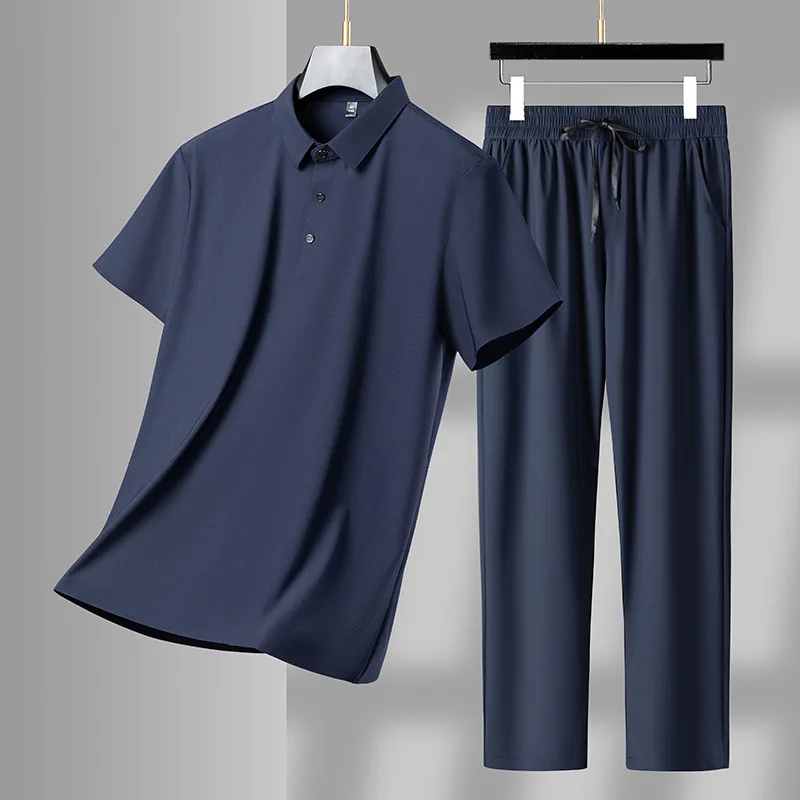 High Quality Men's Casual Sets Summer Cool Breathable Ice Silk Sportwear Two-piecesMen Short-sleeved Polo Shirt+Pants Tracksuits