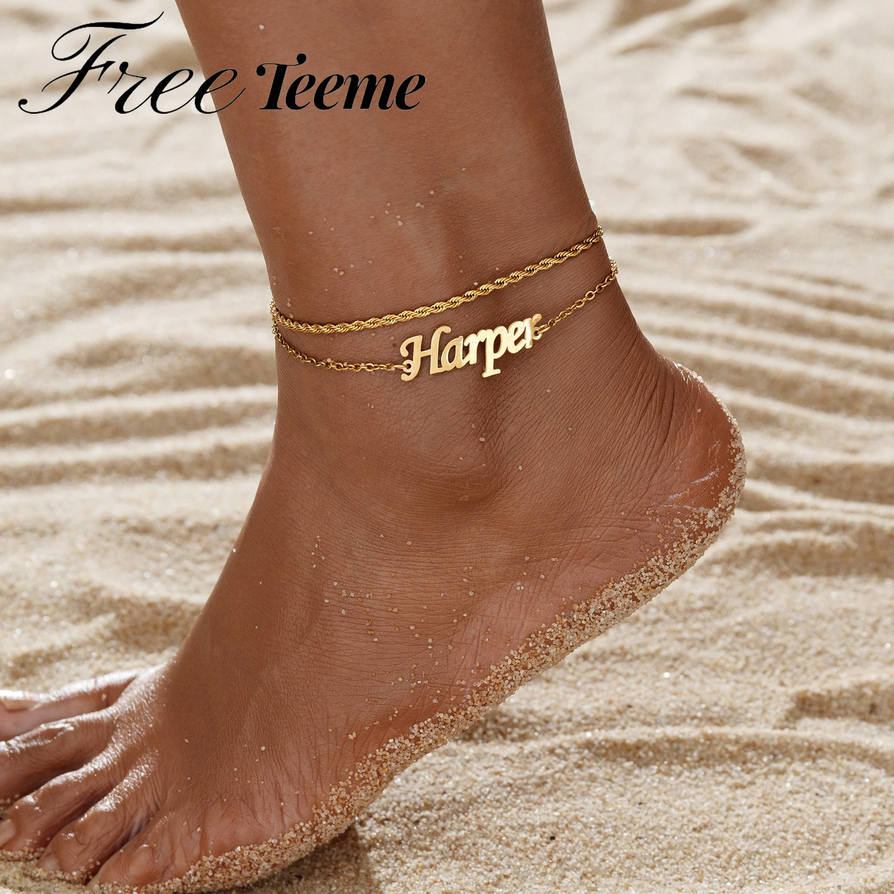 Freeteeme Personalized Name 18cm Anklet for Women Men Stainless Steel Custom 2 Layers Twist Leg Chain Summer Beach Jewelry Gift