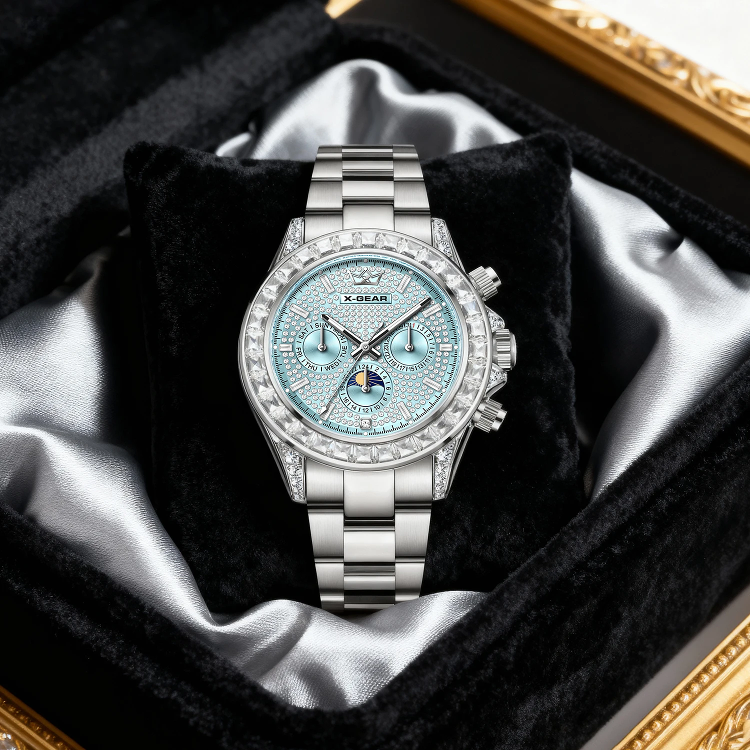 X-GEAR 패션 고급 디자인 남성용 시계 스테인리스 스틸 실버 브레이슬릿