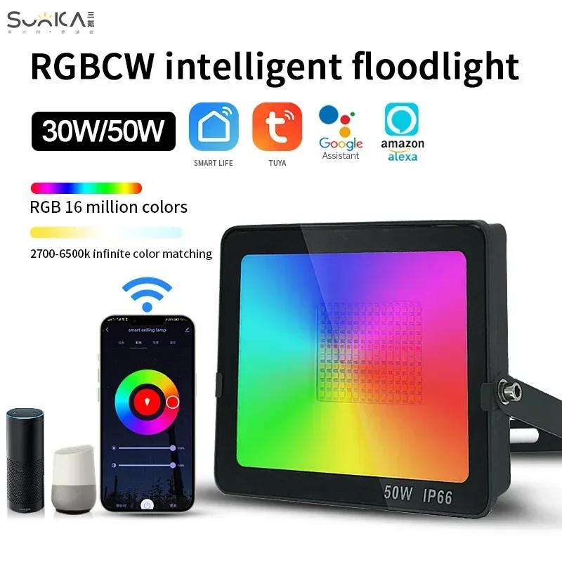 

RGB Flood Light Smart APP Voice Control Bluetooth RGBCW CCT 2700-6500K 30W 50W 220V-240V EU For Garden Party Outdoor Lighting