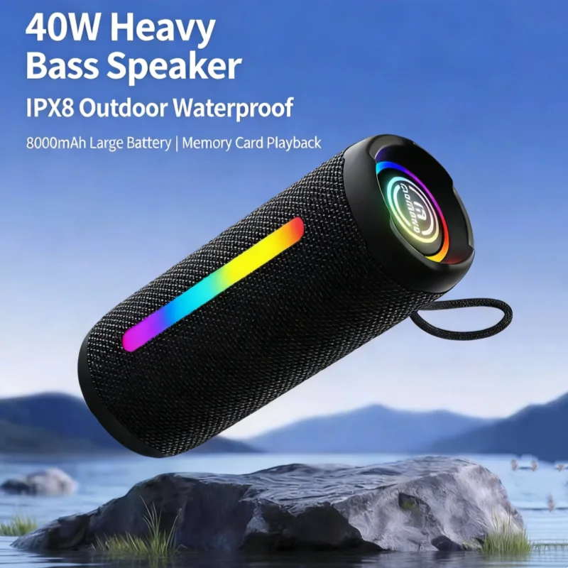 

Беспроводные Bluetooth 5.4 колонки 40 Вт IPX8 водонепроницаемый уличный портативный динамик с громким стереозвуком глубокие басы RGB подсветка TWS