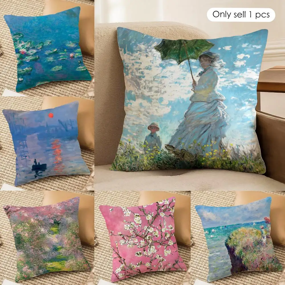 

Claude Monet oil art Cushion Cover Silky Short Plush Invisible Zipper Dustproof Sofa Pillow Case for Home Decor