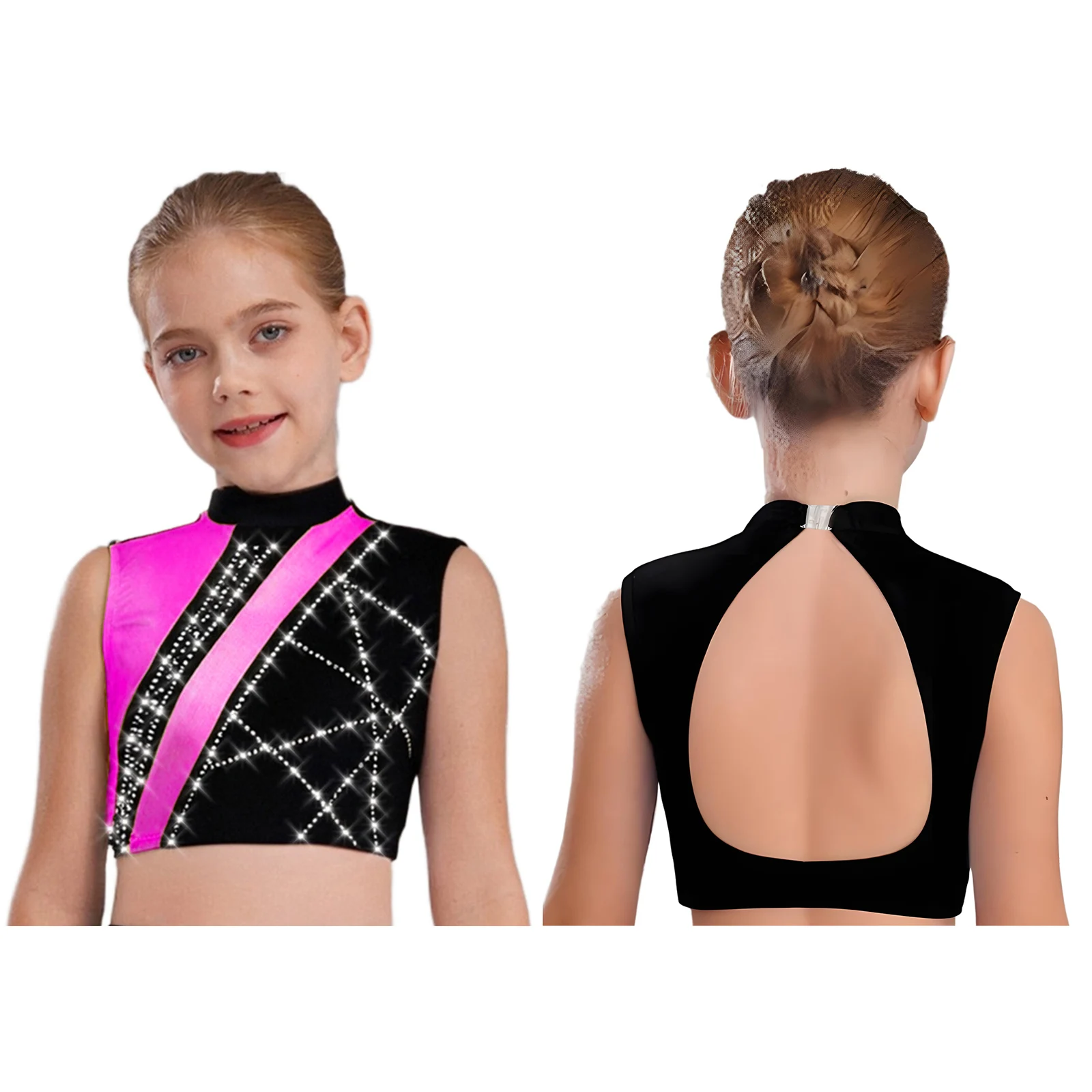 

Girls Rhinestones Figure Skating Ballet Jazz Latin Dance Costume Color Block Crop Top Sleeveless Cutout Back Tops for Gym Yoga