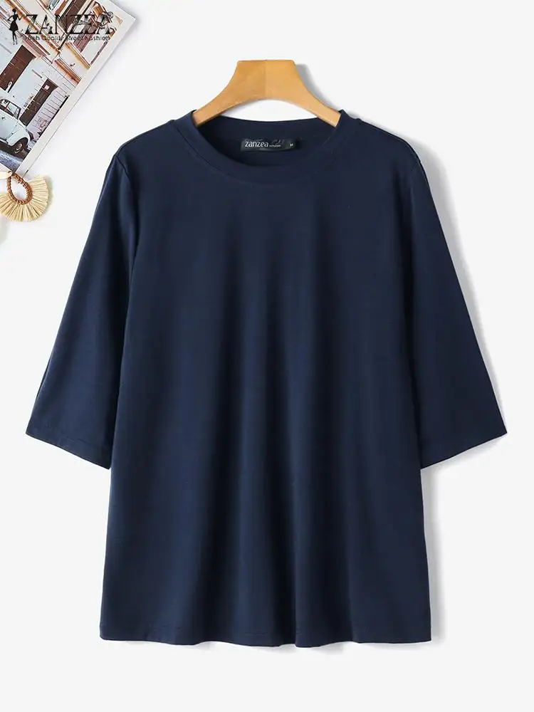 ZANZEA Women Half Sleeve Blouse 2024 Summer Solid Round Neck Blusas Elegant Office Buttons Female Tunic Casual Basic Tops Shirts