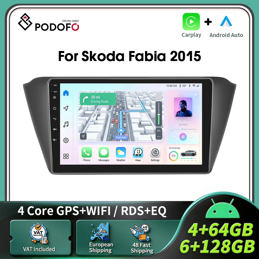 Podofo CarPlay Android Radio für Skoda Fabia 2015, intelligentes 2-DIN-GPS-Autoradio, Multimedia-Player mit Bluetooth und FM