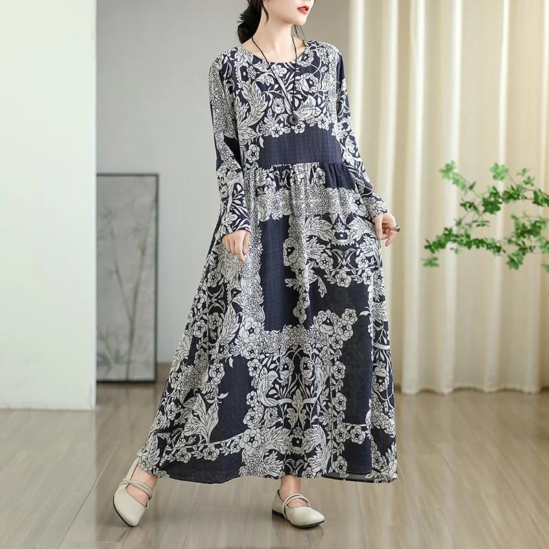 Early Autumn Floral Print Vaion Sle Travel round Ne Retro Long Dr Cotton Linen Material Meat Concealing Women's Dr