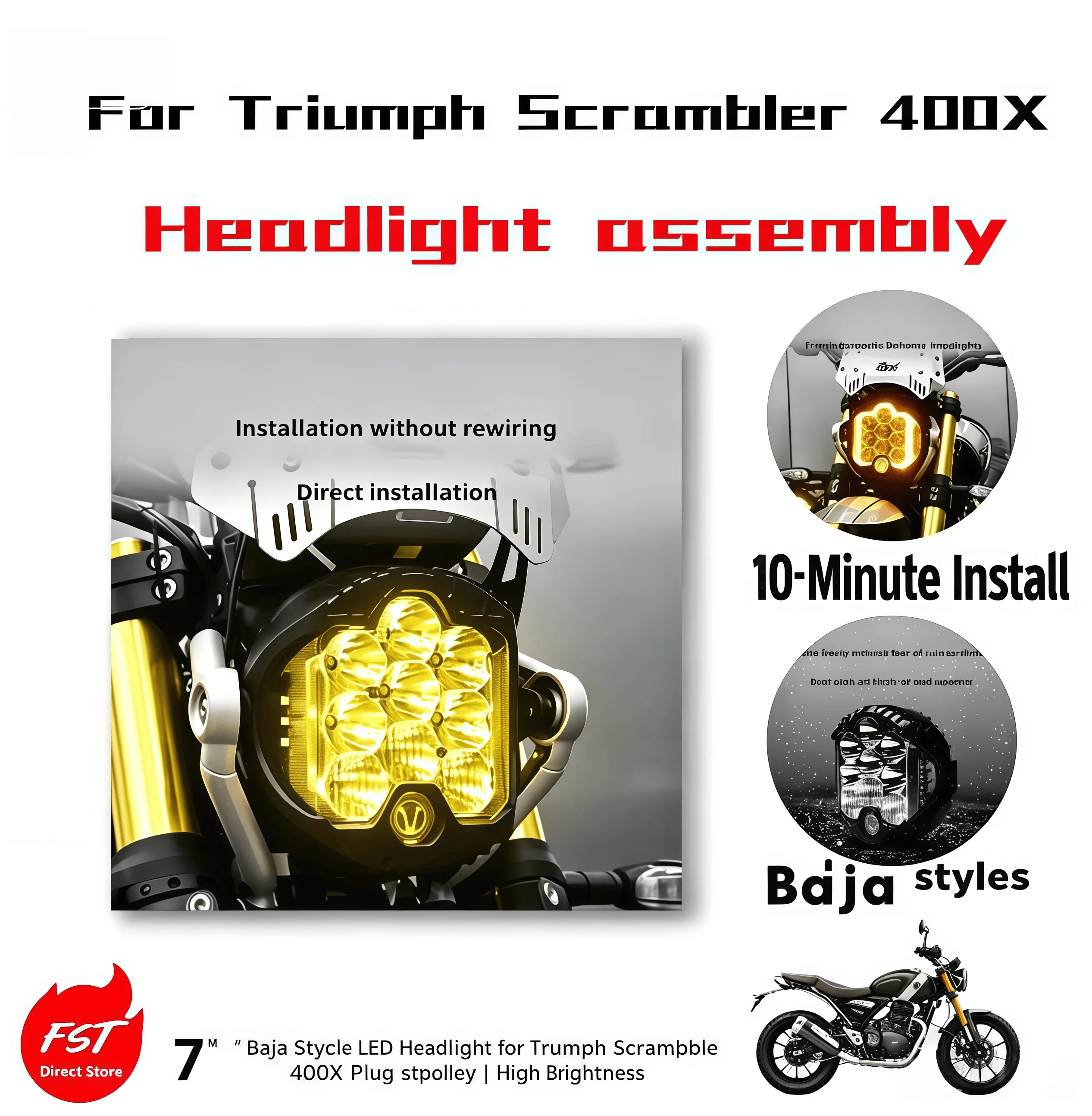 Complete Baja-style LED Headlight Assembly for the Moto Triumph Scrambler 400X, Waterproof Retro Headlight Aftermarket Parts.