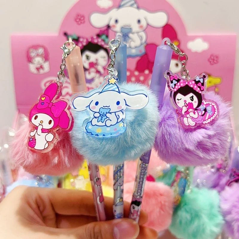 Imagem -04 - Sanrio-kuromi Melody Cartoon Plush Pingente Caneta Gel Estudantes Papelaria Bonito Escola Signature Pen Atacado 12 24 Pcs