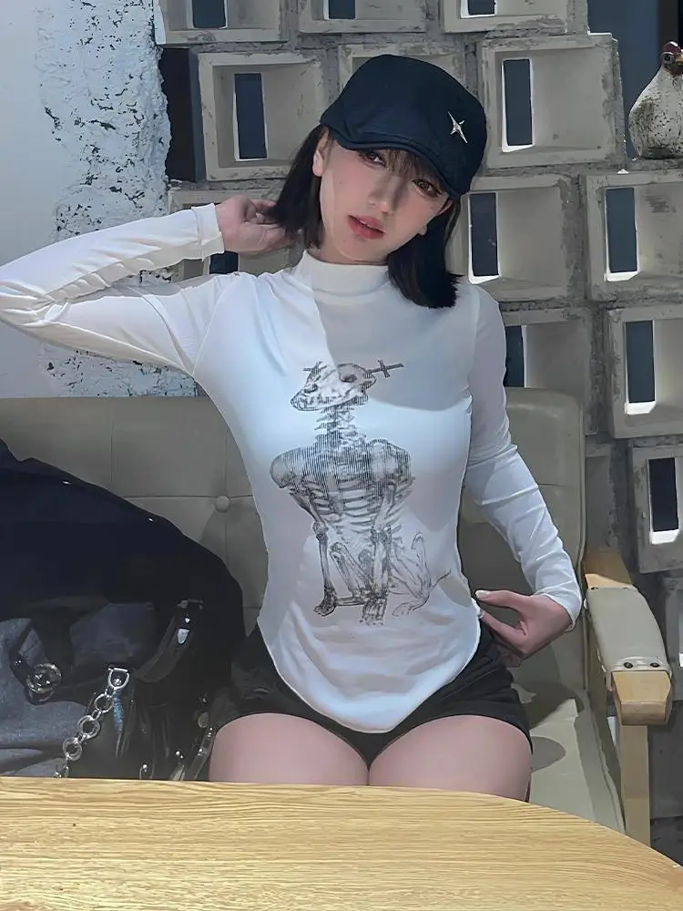 

Onalippa American Spicy Long Sleeved T-shirt Women Spring Skull Dog Print Creative Half High Neck Slim Fit Inner Bottom Shirt