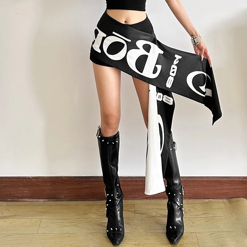 2026 Summer New Women's Fashion Versatile Black and White Letter Printed Irregular Crossbody Waist Cover