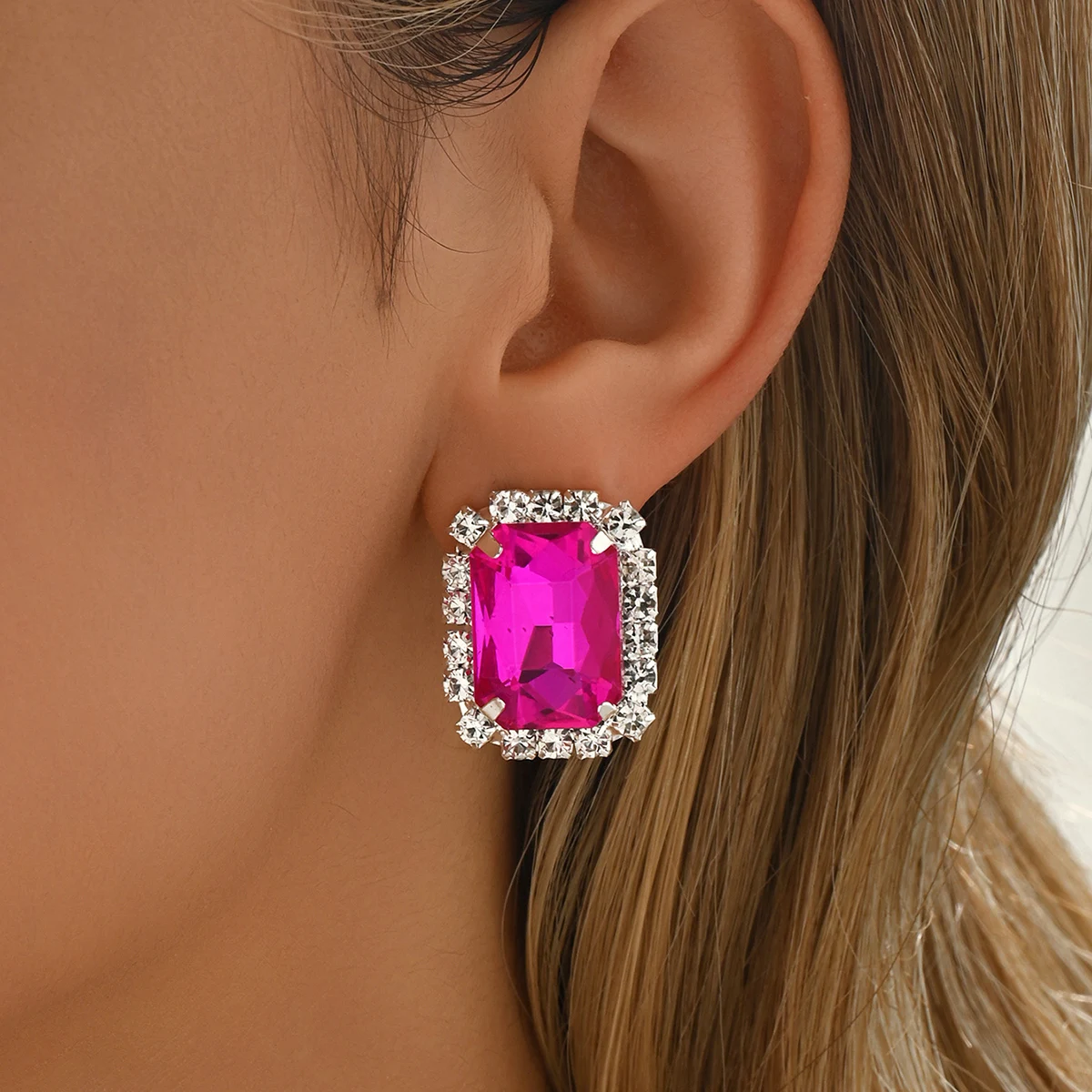 TREAZY Fashion Hot Pink Crystal Clip Earrings For Women Jewelry Charm Geometric Shape Bridal Earrings Wedding Prom Jewelry Gifts