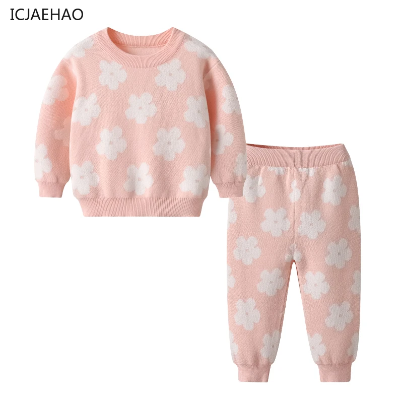 

2024 2PCS Sweater Sets Baby Girl Clothes Sets Kids Newborns Autumn Winter Knit Pink Clothing Suit Toddler Outfits Top Pants 0-3Y