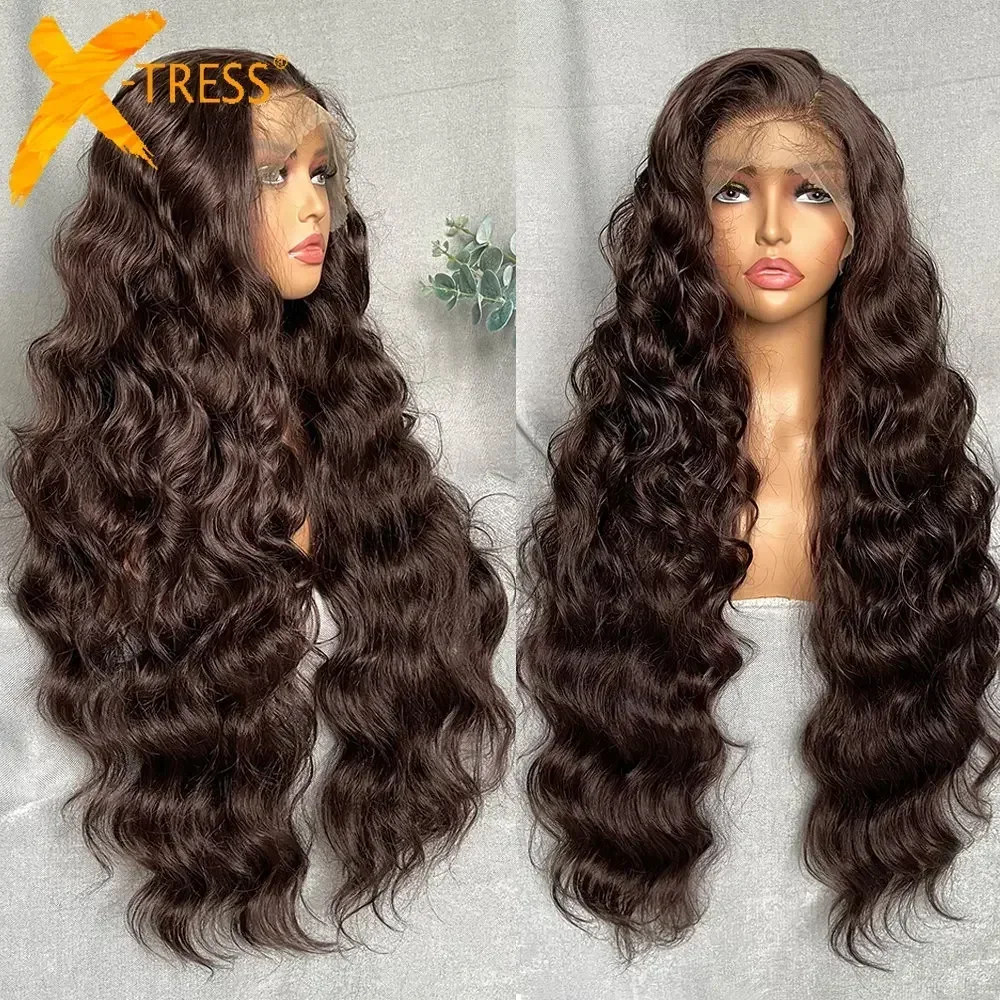 Peruki syntetyczne z koronką w kolorze jasnego brązu X-TRESS, bardzo długie, luźne fale, peruka typu lace frontal 13x6 z baby hair, do codziennego stylizacji, nowy styl.