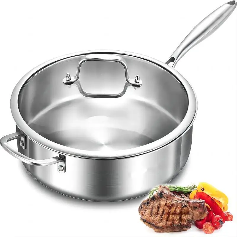

2026 Multipurpose Use 3-ply Stainless Steel Saute Pan Fryer Deep Fry Pan with Stainless Steel Lid Use on Induction Stove