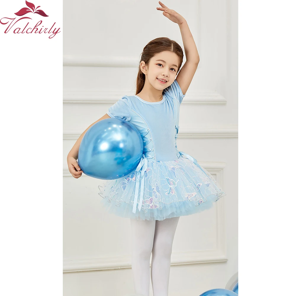 Short Sleeves Girls Blue Ballet Dress Tutu Kids Leotard Classic Dance Costume Children Clothing for Winter