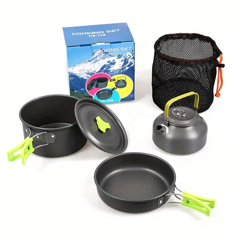 2~3 Person Camping Cookware Mess Kit with Kettle Anodized Aluminum Alloy 1-2L Lightweight Outdoor Pots Set