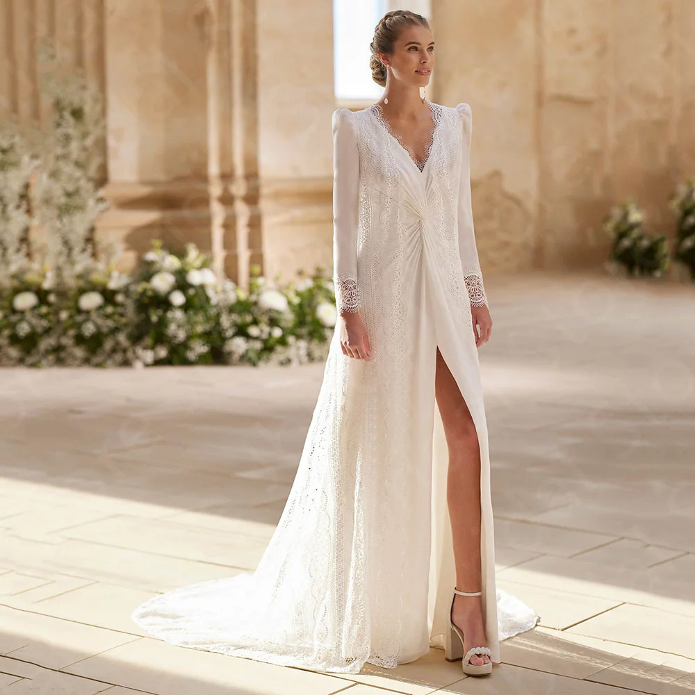 Customized Exquisite Lace Wedding Dresses Two Pieces Bridal Gowns with Cape Bride Dress High Thigh Slit Wedding Gown Long Sleeve