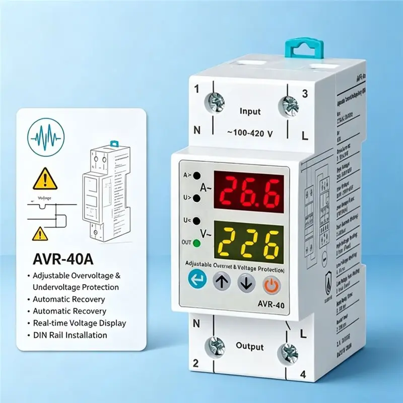 AB66-AVR-40A Dual Display Automatic Voltage Protector Over-Current Protection Relay And Adjustable Voltage Settings