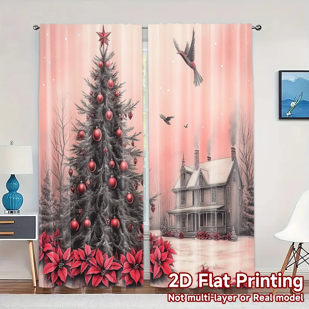 2pcs,Curtains Christmas Tree House Swans Popular Creative Curtains Versatile Polyester Fabric Curtains Gifts for Living Room,