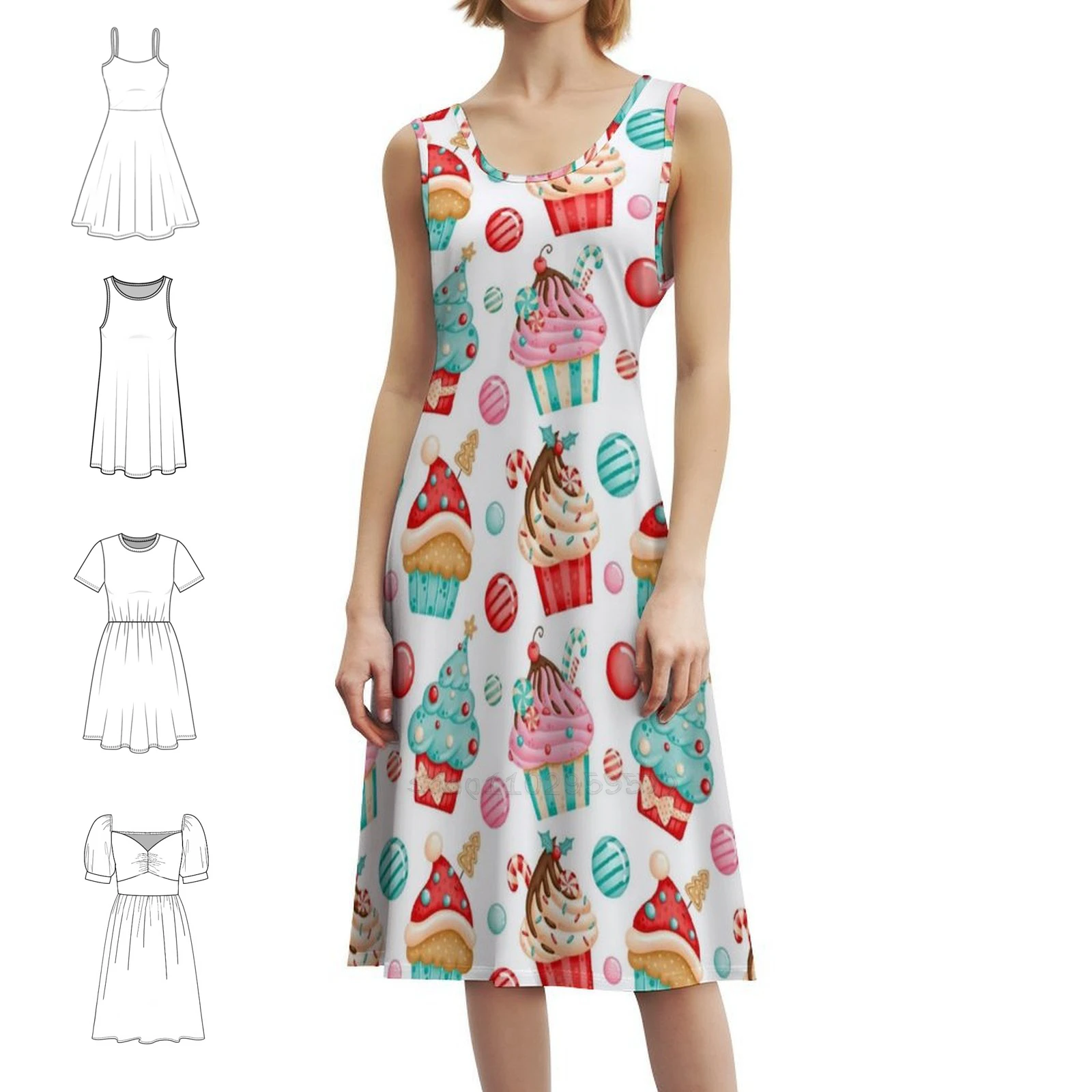 فستان عيد الميلاد والكب كيك والحلوى البوهيمية بدون أكمام، متعدد الطباعات، فستان حفلات عطلة الشاطئ، عيد الميلاد، كب كيك عيد الميلاد