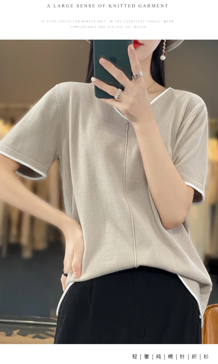 100% Cotton T-Shirt Women's V-Neck Pullover Short Sleeve Summer New Casual Knitting Loose Top Fashion Color Contrast T-Shirt