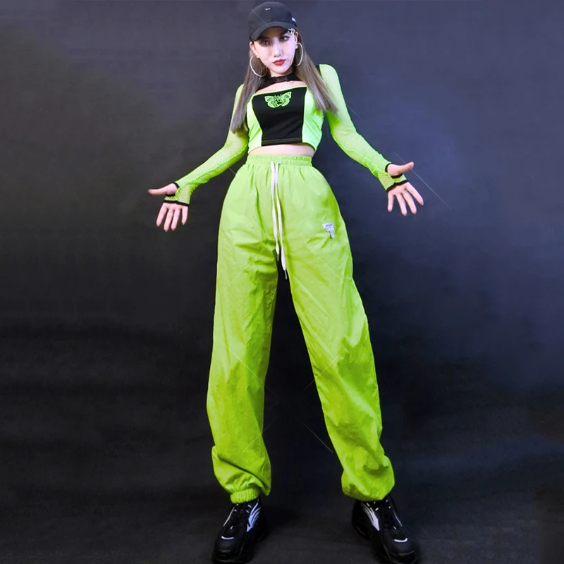 Women\'S Group Kpop Outfit Green Mesh Sleeved Top Cargo Pants Adults Jazz Dance Costume Hiphop Clothing Street Dance Wear SL8881