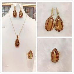 Sudan Stone Turkish Color-changing Jewelry Set Rhinestone Waterdrop Shape Zultanite Crystal 3piece Jewelry Ring Earring Necklace