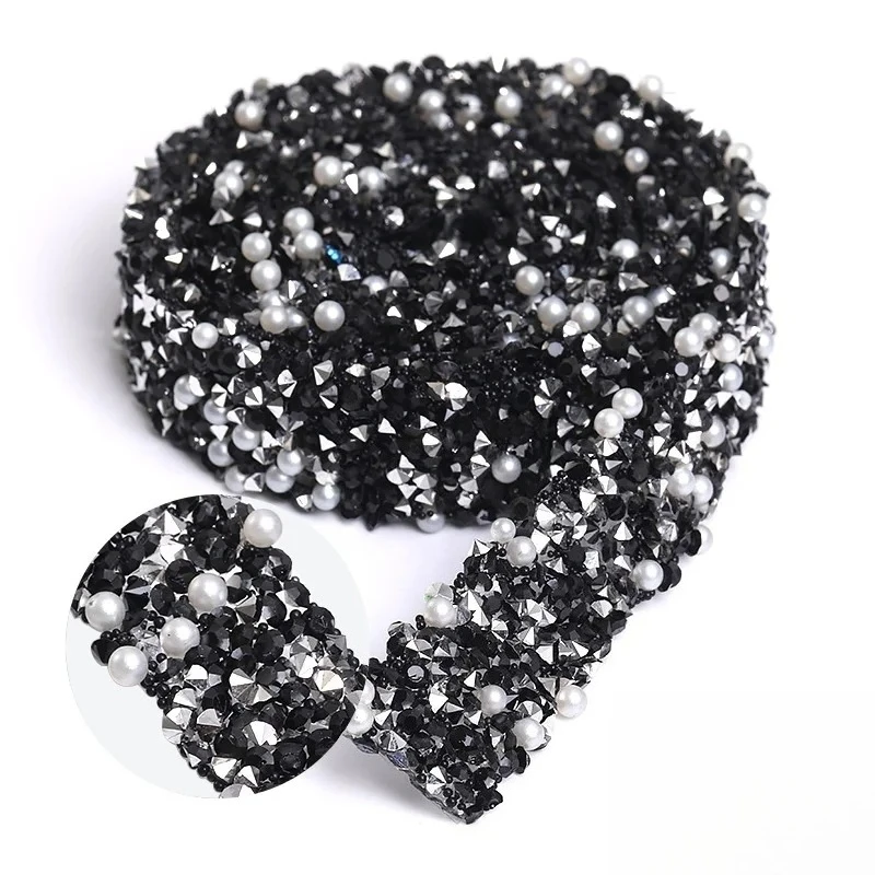 1Yard Width 1.2cm Fake Pearl Crystal Tape Glitter DIY Crafts Dress Fashion Trim Border Chain Garment Sticker Decoration Accessor