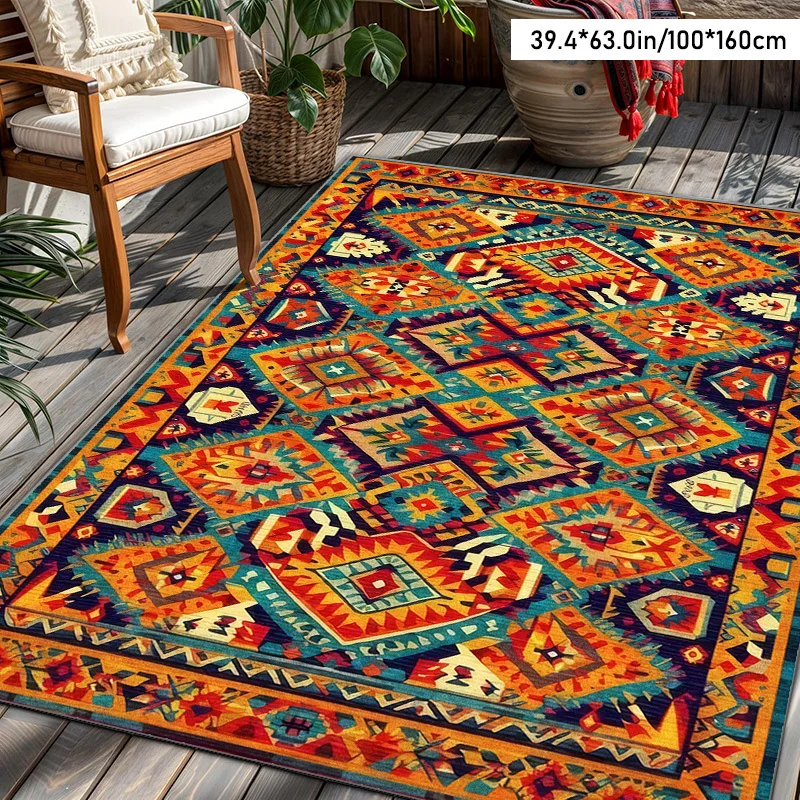 [Decorative Bohemian Rug] 1pc Bohemian Style Soft Plush Rug | Dotted Plastic Bottom, Outdoor Use for Courtyards, Balconies, Gard