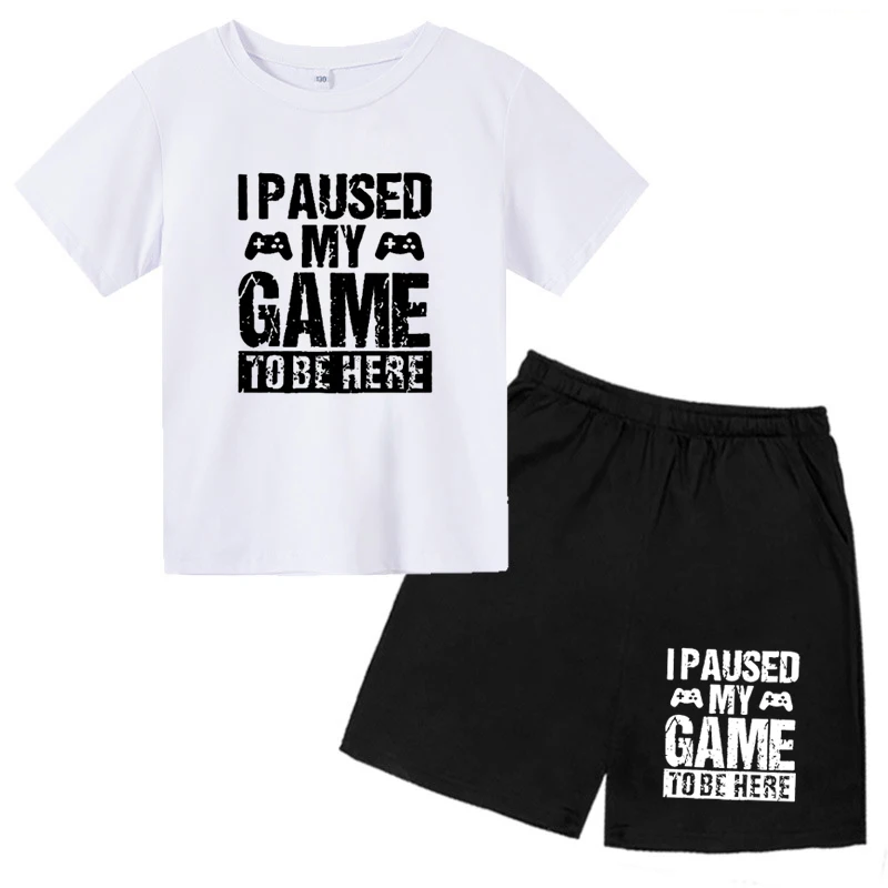 

I Paused My Game To Be Here Pattern Printed Children Summer T shirt Suits 4-14T Size Loose Comfortable 4-14Age Children Suits