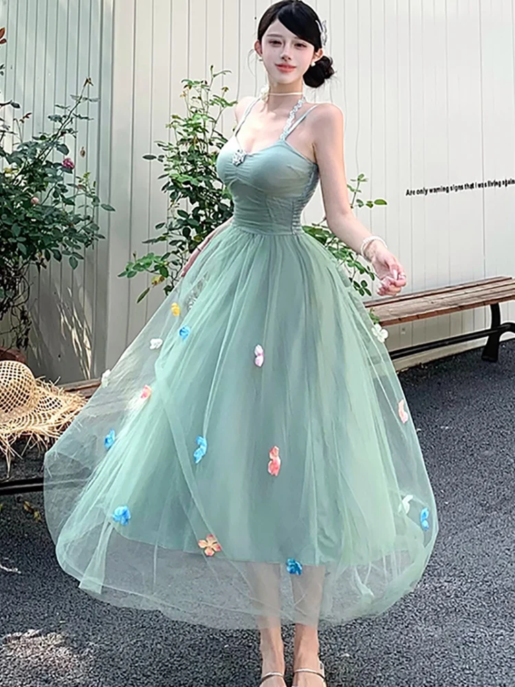 レディース グリーン メッシュ パッチワーク 花柄 スリング セクシー ロングドレス サマー エレガント ラグジュアリー イブニングドレス 2025 韓国 ボディコン フェスティバル ドレス