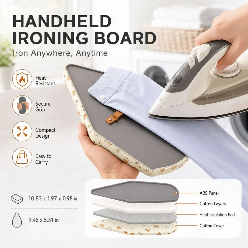Heat-Resistant Handheld Ironing Board Insulated with Finger Loop Iron Pad Cover Sponge Padding Layered Padding