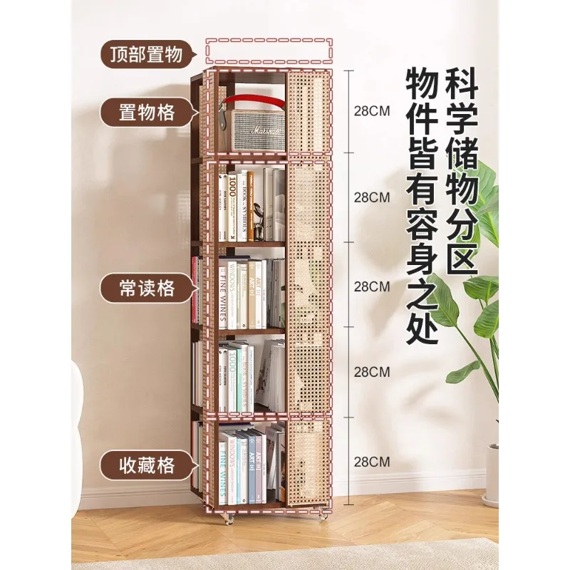 

Rattan Bookshelf Floor Shelf Movable Rotating Bookshelf 360 Degree Corner Display Cabinet Solid Wood Bookcase