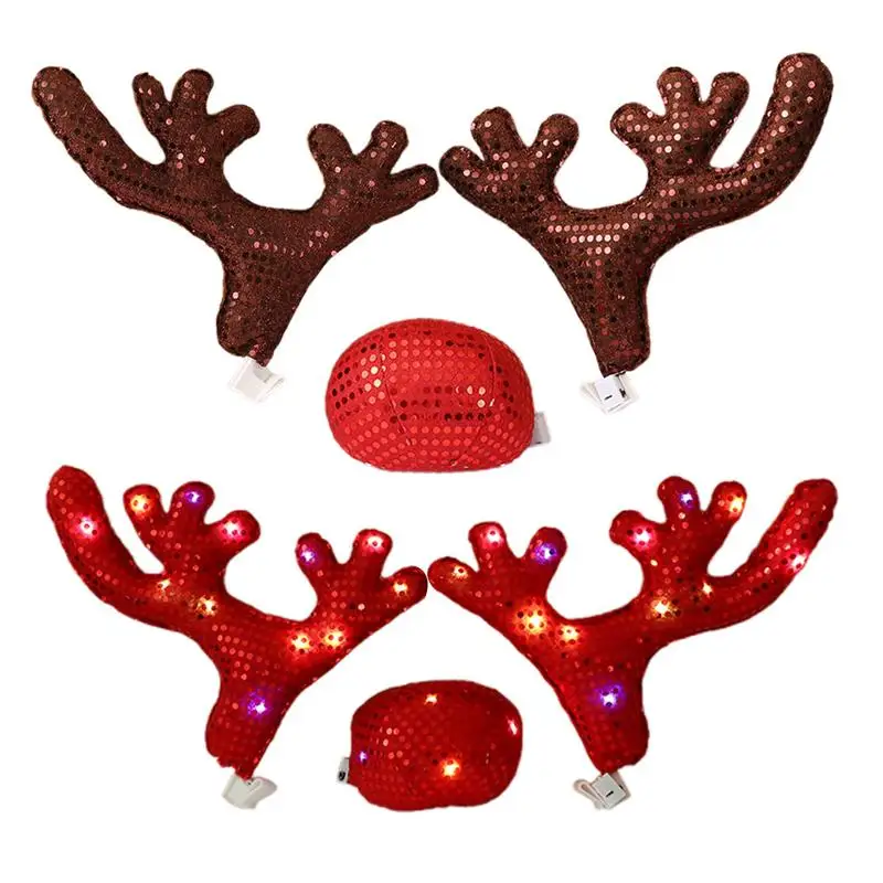 Reindeer Decoration Elk Antler LED SequinsCar Vehicle Nose Horn Costume Decor Set Rudolph Christmas Reindeer Antlers Red Nose