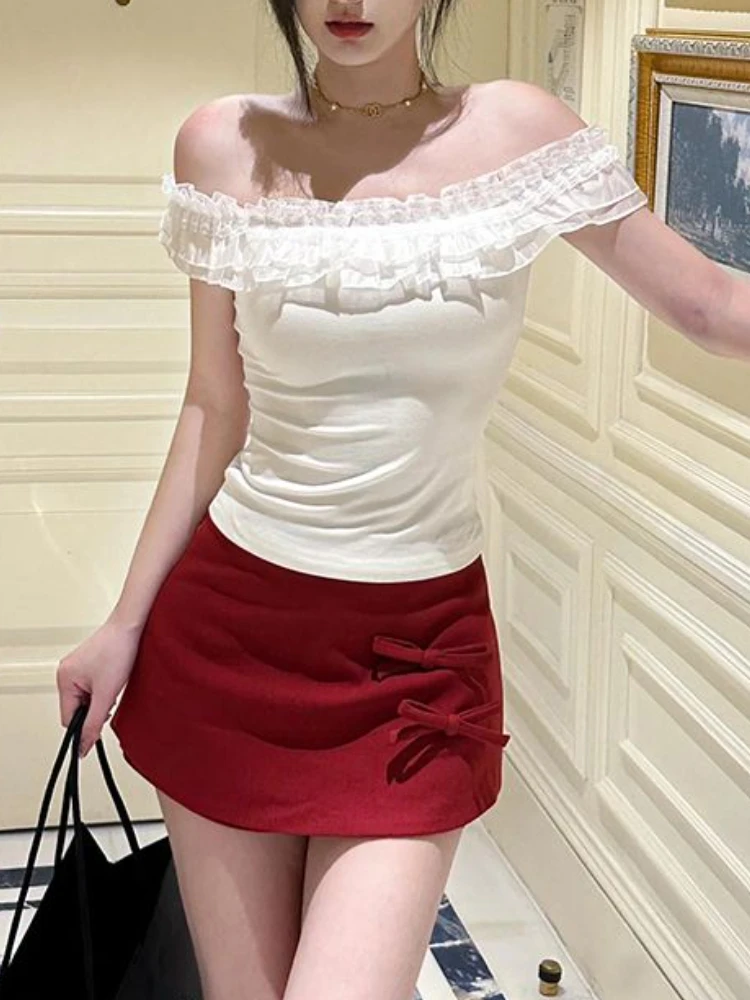 Fashion Elegant Slim Solid 2 Piece Set Women Summer Sexy Lace Ruffle Off Shoulder Tops Female + France Chic High Waist Bow Skirt