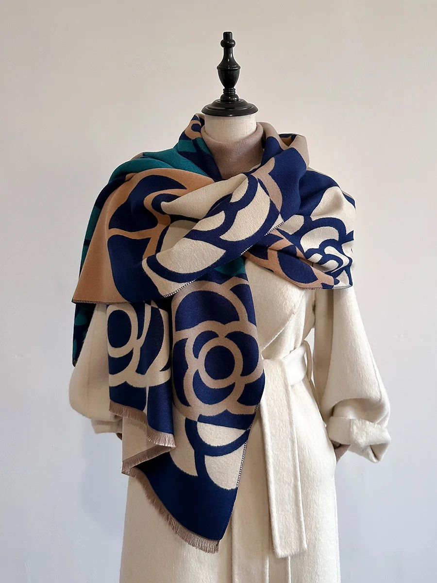 Versatile autumn and winter color blocking design, imitation cashmere scarf dual-purpose, extended and warm imitation wool shawl